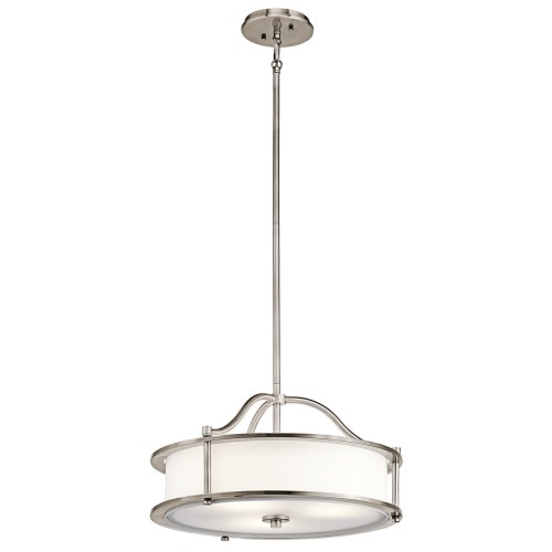 Lampa sufitowa wisząca Catanza w kolorze cynkowym, o średnicy 45,7 cm i wysokości 26,3 cm. Wbudowane okrągłe klosze z matowego szkła, zawieszona na metalowym stelażu, montowana pod sufitem. Prosty, nowoczesny design, idealna do różnych wnętrz.
