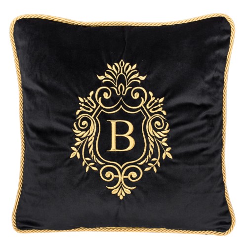 Poduszka dekoracyjna w kolorze czarnym, z haftowanym złotym monogramem „B” w eleganckim wzorze. Wykończona złotą lamówką, w formacie kwadratowym, idealna do wnętrz w stylu klasycznym.