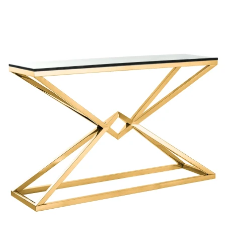 Konsola Calda Szkło w kolorze złotym z przezroczystym szklanym blatem, o wymiarach 120x40x80 cm. Ujęcie frontalne ukazuje geometryczną podstawę z metalowych, złotych prętów w kształcie krzyża, podkreślając nowoczesny design.