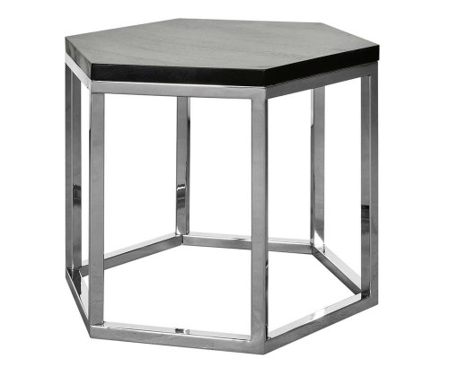 Stolik Modern Black o wymiarach 43x50x43 cm, z czarnym, gładkim blatem oraz metalową, błyszczącą ramą w kształcie sześciokąta. Produkt stojący, idealny jako stolik kawowy lub boczny w nowoczesnych wnętrzach.