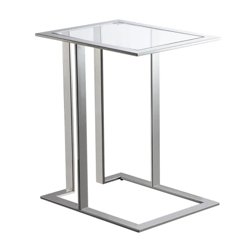 Stolik Nottura II 50x40x60 cm z szklanym blatem i chromowaną metalową podstawą w formie prostokąta. Nowoczesny design idealny do minimalistycznych wnętrz, na jednolitym tle.