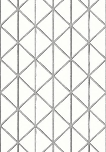 Tapeta Thibaut Box Kite w kolorze bieli i czerni, z geometrycznym wzorem w kształcie rombów. Prezentuje się na jasnym tle, w układzie pionowym, podkreślając elegancki design. Materiał matowy, z wyraźnym rysunkiem.