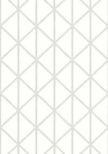 Tapeta Thibaut Box Kite w kolorze białym i szarym, z geometrycznym wzorem w formie diamentów, umieszczona na jasnym tle. Wzór składa się z cienkich linii tworzących regularne, symetryczne kształty.