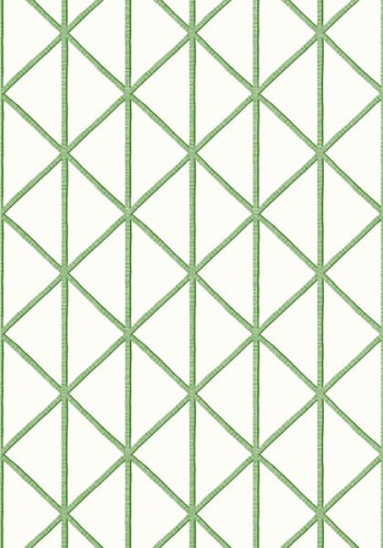 Tapeta Thibaut Box Kite w kolorze białym i zielonym, z wzorem w formie regularnych rombów i linii. Tło w odcieniu białym, a geometria w delikatnej, jasnej zieleni. Idealna do nowoczesnych aranżacji wnętrz.