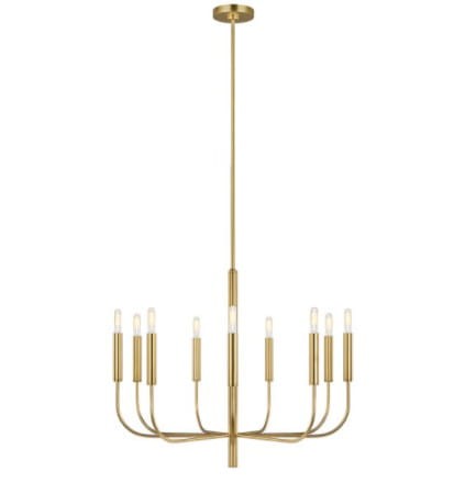 Wisząca lampa sufitowa Brioni w kolorze mosiądzu, o wymiarach 76x65 cm, z dziesięcioma źródłami światła. Elegancka konstrukcja z prostymi ramionami, zawieszona na długim przewodzie, idealna do nowoczesnych wnętrz.