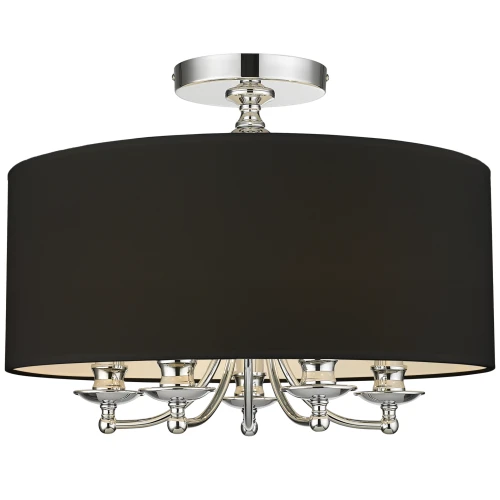 Srebrny plafon o wymiarach 50x50x37 cm z czarnym abażurem, z eleganckimi detalami metalowymi. Lampa zamontowana na okrągłej podstawie, z pięcioma źródłami światła, idealna do nowoczesnych wnętrz.