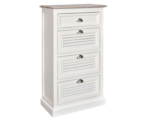 Komoda Bristol White o wymiarach 67x36x115 cm, w kolorze białym z drewnianym blatem. Posiada cztery szuflady z dekoracyjnymi, poziomymi żłobieniami oraz metalowymi uchwytami. Stojąca, prostokątna konstrukcja na stabilnej podstawie.