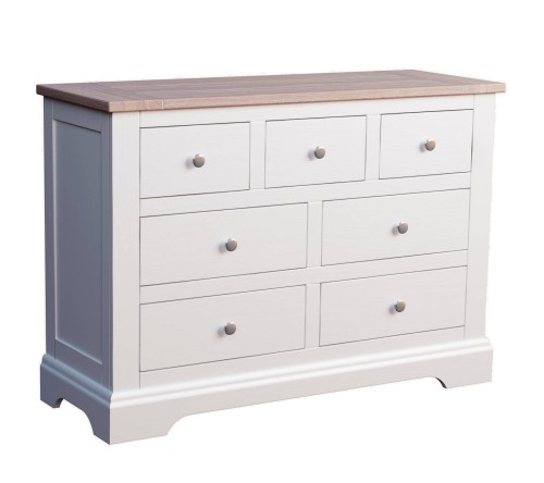 Biała drewniana komoda Dorset Laura Ashley z 5 szufladami i metalowymi uchwytami, blat w naturalnym odcieniu drewna. Wymiary 124x45x88 cm, zdjęcie z boku na białym tle.