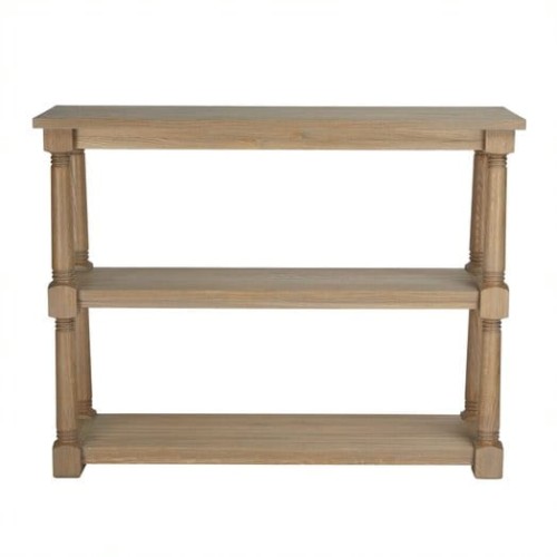 Regał na książki Wellington Laura Ashley w kolorze dębu, o wymiarach 85x35x110 cm. Posiada trzy półki i ozdobne, cylindryczne nogi. Ustawiony w pozycji stojącej, na prostym tle. Idealny do przechowywania książek i dekoracji.