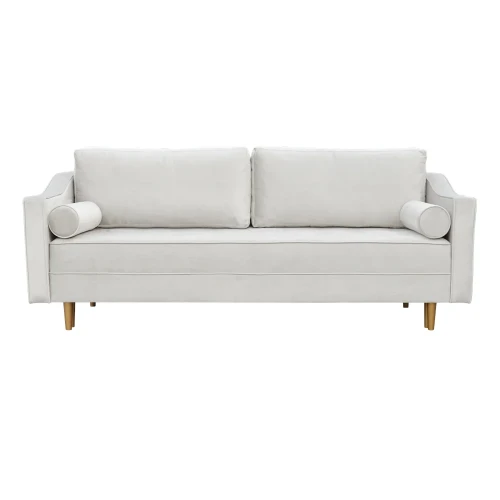 Elegancka sofa Broston w jasnym, gładkim materiale, z dwoma poduszkami na oparciu i dwiema okrągłymi podłokietnikami. Stojąca na drewnianych nóżkach, z funkcją spania. Wymiary: 221x80x99 cm, układ frontalny.