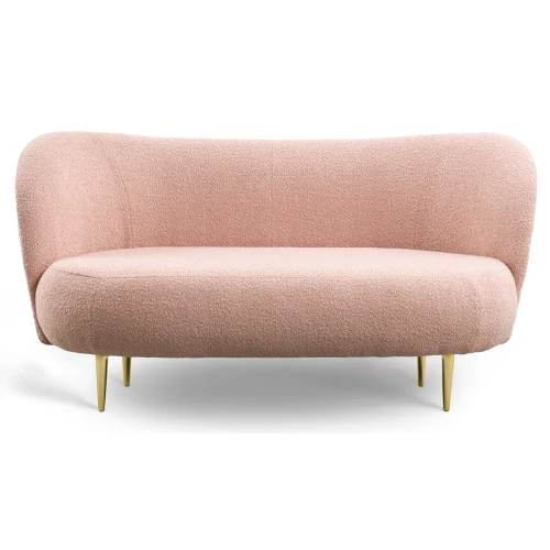 2,5-osobowa sofa Notte III w kolorze różowym, o zaokrąglonych kształtach, z miękką, teksturowaną tapicerką. Stoi na złotych, metalowych nóżkach. Wymiary: 180x72x80 cm.
