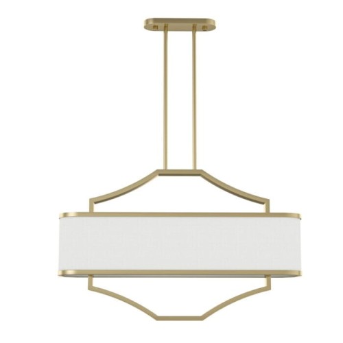Lampa sufitowa wisząca Gerdo Ovale w odcieniu starego złota z satynowym wykończeniem. Prosty, owalny klosz w kolorze białym wisi na dwóch metalowych linkach. Wymiary: 80x21x50 cm. Ujęcie frontalne, produkt zawieszony pod sufitem.