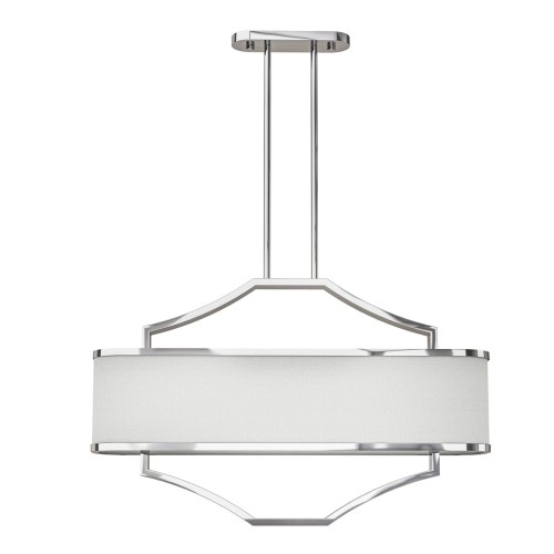 Wisząca lampa sufitowa Gerdo Ovale w kolorze chromu, o wymiarach 80x21x50 cm. Ma elegancki, owalny kształt z materiałowym kloszem w jasnym odcieniu. Zawieszona na dwóch metalowych linkach, z górnym mocowaniem przeznaczonym do montażu sufitowego.