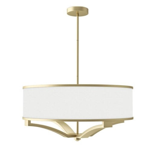 Lampa sufitowa wisząca Gerdo w kolorze starego złota, o matowej satynowej powierzchni, w kształcie okrągłym. Wymiary 60x60x30 cm. Zawieszona na cienkim stelażu, z delikatnym wzorem u podstawy. Tło jednolite, białe.