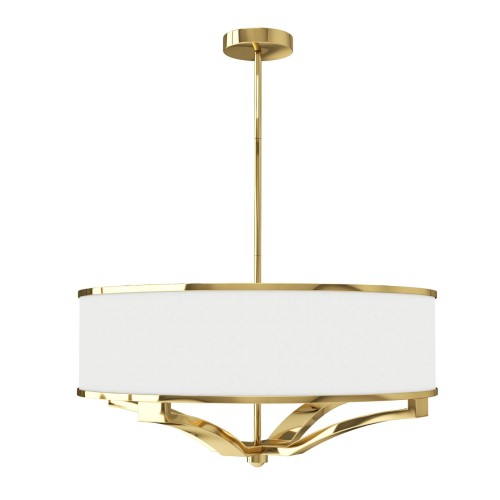 Lampa sufitowa wisząca Gerdo o wymiarach 60x60x30 cm, z metalową, złotą ramą oraz białym, tekstylnym kloszem. Prezentowana z góry, w pozycji wiszącej, na białym tle. Wzornictwo eleganckie, z detalami na metalowej podstawie.
