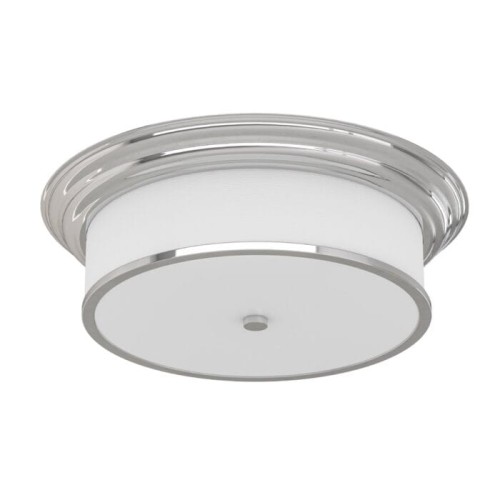 Plafon Famburo, efektowny sufitowy, okrągły kształt, w kolorze chromu z białym, matowym kloszem. Widok z boku, zamontowany na suficie. Średnica 49 cm, wysokość 13,5 cm. Gładka powierzchnia z delikatnym wcięciem w dolnej części.