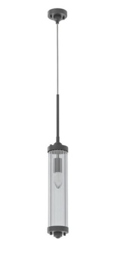 Czarna lampa sufitowa wisząca Fiatto l o wymiarach 8,5x180 cm, wykonana z metalowego uchwytu i przezroczystego klosza. Produkt zawieszony na cienkim przewodzie, w ujęciu frontalnym, z wyraźnie widocznym miejscem na żarówkę wewnątrz.