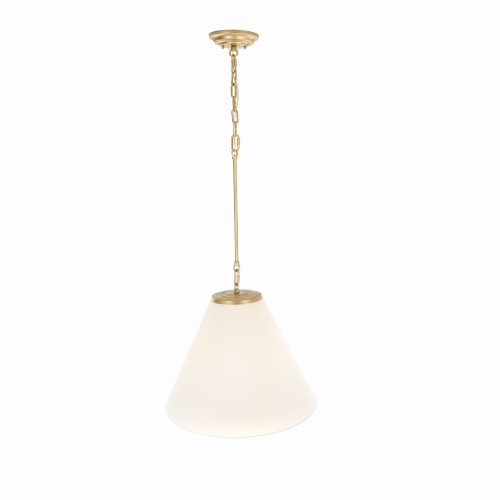 Stylowa lampa sufitowa w kształcie stożka, z metalowym, złotym wykończeniem. Posiada matowe, białe szkło. Zawieszona na łańcuchu, widoczna z boku. Wymiary: szerokość 44,5 cm. Proste tło podkreśla jej design.
