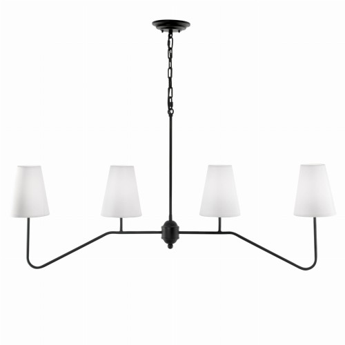 Lampa sufitowa w stylu modern farmhouse, czarna, o szerokości 115 cm. Posiada cztery białe klosze w kształcie stożków, zawieszona na cienkim łańcuchu. Prosty, elegancki design, idealna do nowoczesnych wnętrz.