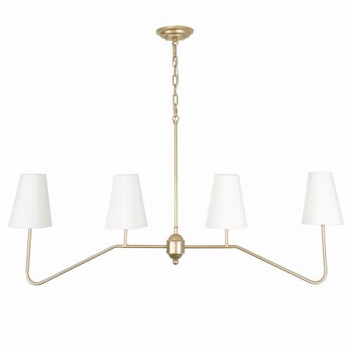 Lampa sufitowa w stylu modern classic, złota, szerokość 115 cm. Posiada trzy białe klosze w kształcie stożków, zamontowana na długiej, złotej rurze z łańcuchem. Prosta, elegancka forma, idealna do nowoczesnych wnętrz.