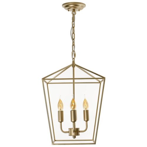 Złota lampa sufitowa Geen S o geometrycznym kształcie, z trzema żarówkami w metalowych kloszach i przezroczystymi detalami, wisząca na długim łańcuszku pod sufitem.
