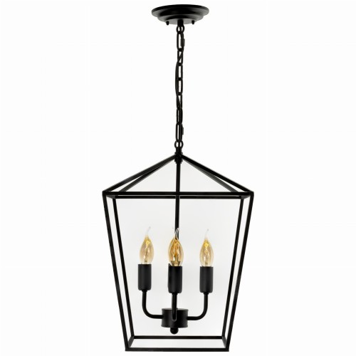 Czarna designerska lampa sufitowa Geen S o geometrycznym kształcie, zawieszona na łańcuchu. Posiada trzy źródła światła w stylu retro, umieszczone w metalowym stelażu z przezroczystymi panelami. Idealna do nowoczesnych wnętrz.