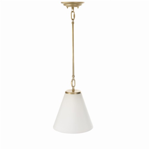 Stylowa lampa sufitowa w kształcie stożka, o średnicy 25 cm. Złota metalowa konstrukcja z białym, matowym kloszem. Produkt wiszący, zawieszony na cienkim łańcuszku, idealny do nowoczesnych wnętrz.