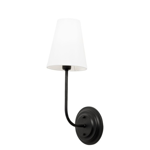 Kinkiet w stylu modern farmhouse, czarny, o wysokości 41 cm. Posiada stożkowy abażur w kolorze białym oraz okrągłą, czarną podstawę. Produkt montowany na ścianie, widoczny z boku na jednolitym, białym tle. Czyste linie, minimalistyczny design.