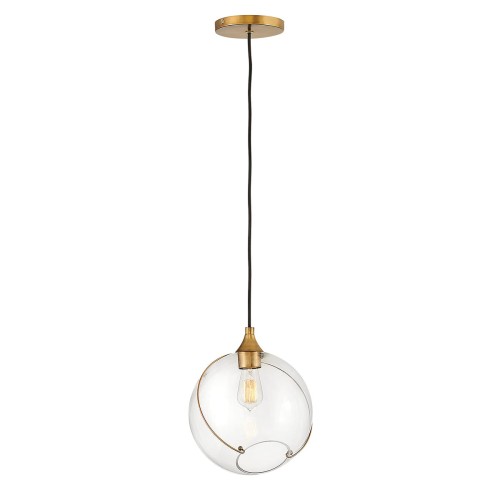 Lampa sufitowa Lucerna pojedyncza w złotym kolorze z przezroczystym kloszem w kształcie kuli. Zawieszona na czarnym przewodzie, wisząca z wysokością około 32,8 cm. Klosz zdobiony złotą metalową obręczą, eksponujący źródło światła.