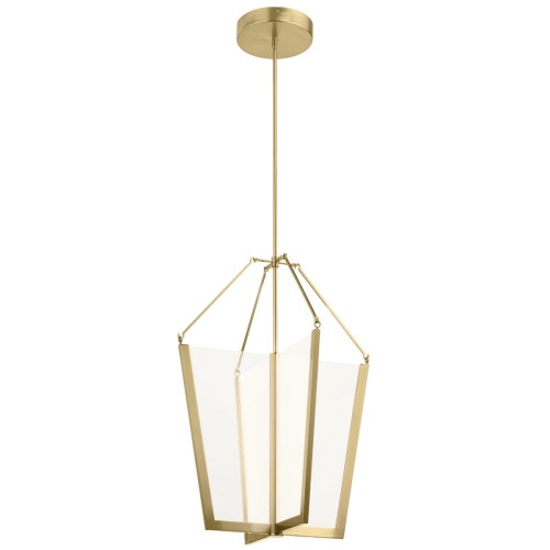 Lampa sufitowa Caltanis L w kolorze złotym, kształt geometryczny, z przezroczystymi panelami. Zawieszana na cienkim, złotym łańcuchu. Wymiary: 73,2x52,8x204,4 cm. Prosta, lekka konstrukcja na białym tle.