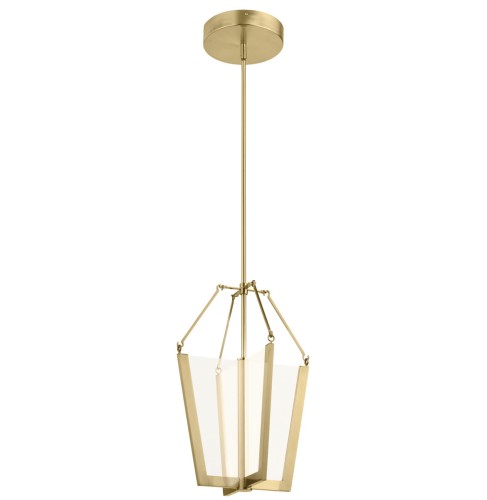 Lampa sufitowa Caltanis M w kolorze złotym, o wymiarach 50,4x35,3x181,6 cm. Posiada przezroczyste, prostokątne klosze zawieszone na smukłym, złotym stelażu. Ujęcie z boku, na jednolitym tle.