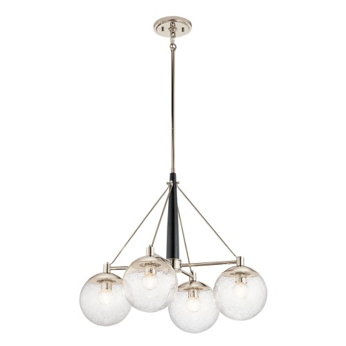 Lampa sufitowa Assi M, żyrandol w kolorze niklu, zwisająca konstrukcja. Pięć szklanych kul z fakturą, zamontowana na czarnym uchwycie. Wymiary 57,1x70,3x160,6 cm. Produkt na jednolitym tle, ukazujący trzy kuliste klosze z widocznymi żarówkami.