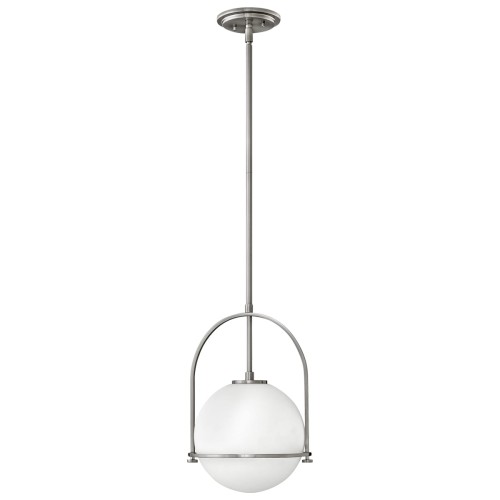 Lampa sufitowa Pesaro w kolorze niklu, o wymiarach 43,3x28,9x129,4 cm. Zawieszona na długim, metalowym stelażu, z białą, okrągłą oprawą ze szkła. Elegancki design z okrągłym kloszem w metalowej ramie.