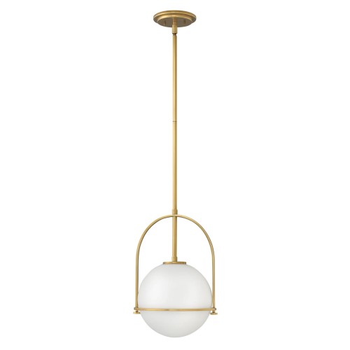 Lampa sufitowa Pesaro w kolorze mosiądzu, o wymiarach 43,3x28,9x129,4 cm. Zawieszona na długim stelażu, z białą, okrągłą kloszem, umieszczonym w metalowej oprawie. Prosty, elegancki design idealny do nowoczesnych wnętrz.