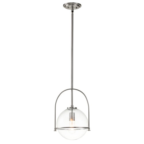 Lampa sufitowa Pesaro z przezroczystym, okrągłym kloszem i niklowanym wykończeniem. Zawieszona na cienkim metalowym drążku, widoczny żarnik. Wymiary: 43,3x28,9x129,4 cm, nowoczesna i elegancka.
