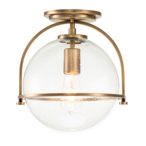 Plafon Pesaro z mosiądzu 31,8x28,2 cm z przezroczystym szklanym kloszem z pęcherzykami, lampa sufitowa z widoczną żarówką, idealna do nowoczesnych wnętrz.