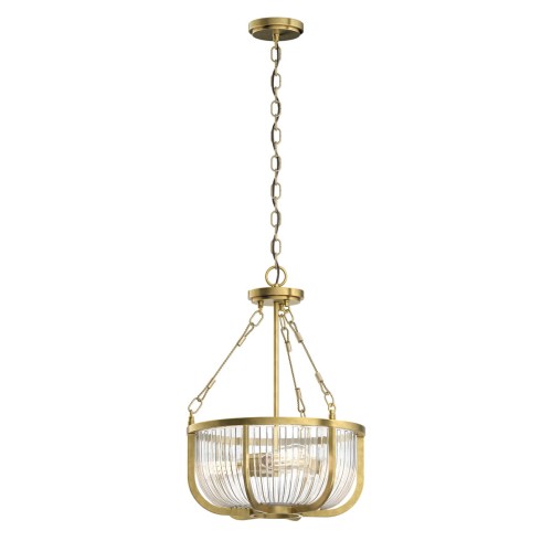 Lampa sufitowa Aurelia w kształcie żyrandola, wykonana z mosiądzu. Ma przezroczystą klosz z żłobieniami, zawieszona na łańcuchu. Wymiary: 50,2x40,6x154,4 cm. Tło białe, produkt widoczny w centralnej części zdjęcia.