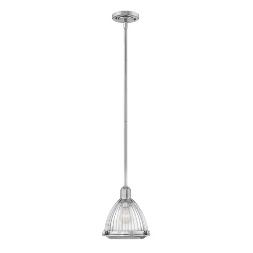 Lampa sufitowa Reale o wysokości 107,6 cm w polerowanym niklu. Posiada szklaną klosz w kształcie stożka z żłobieniami, zawieszona na regulowanym stelażu. Idealna do nowoczesnych wnętrz.