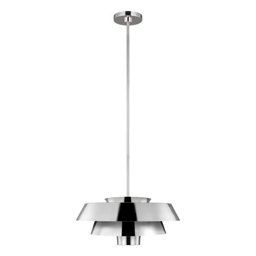 Lampa sufitowa wisząca Barletta w kolorze niklu, o wymiarach 46x46x40 cm, zawieszona na długim, metalowym przewodzie. Składa się z trzech warstw o zaokrąglonych krawędziach, tworzących nowoczesny, minimalistyczny design.