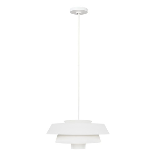 Lampa sufitowa wisząca Barletta, biały kolor, składająca się z trzech nachylonych elementów w formie okręgów, zawieszona na cienkim przewodzie. Produkt wisi centralnie w kadrze na tle jednolitego, jasnego otoczenia. Wymiary 46x46x40 cm.