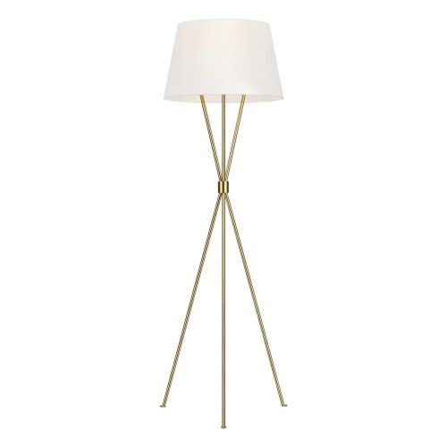 Lampa podłogowa Matera o wysokości 140 cm, z mosiężnym stelażem i białym, stożkowym kloszem. Ułożona w pozycji stojącej, z trzema nogami w formie trójkąta, na jednolitym tle. Idealna do nowoczesnych wnętrz.