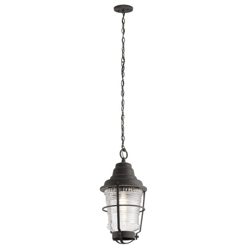 Lampa zewnętrzna Avera 22x22x45,7 cm, czarna, wisząca na łańcuszku z metalowym mocowaniem i przezroczystym szklanym kloszem. Elegancka, idealna do ogrodu i na taras.