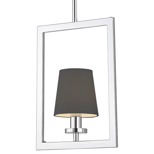 Lampa sufitowa wisząca Luna S w kolorze czarnym, o wymiarach 25x12x34 cm, z metalową, błyszczącą ramą oraz tekstylnym kloszem. Produkt zawieszony, widoczny z boku, z eleganckim designem, bez widocznych napisów czy logo. Tło czarne.