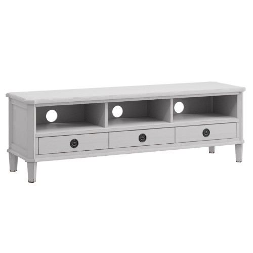 Jasnoszary drewniany stolik RTV Henshaw Laura Ashley, o wymiarach 155x45x50 cm, z dwoma otwartymi półkami i dwoma szufladami z okrągłymi uchwytami. Stolik ma proste nogi i elegancki design, idealny do nowoczesnych wnętrz.