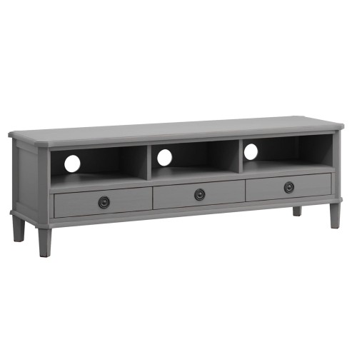 Drewniany stolik RTV Henshaw Laura Ashley w kolorze szarym o wymiarach 155x45x50 cm. Posiada dwie otwarte półki z okrągłymi otworami oraz trzy szuflady z czarnymi uchwytami. Stolik ma proste, lekko zaokrąglone nóżki.
