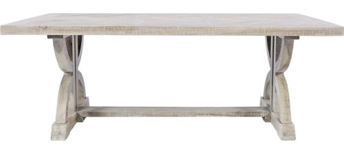 Konsola Avola w kolorze dębu bielonego o wymiarach 132x46x76 cm, z prostokątnym blatem i dekoracyjnymi nogami w kształcie łuku, umieszczona na stabilnej podstawie. Idealna do nowoczesnych wnętrz.