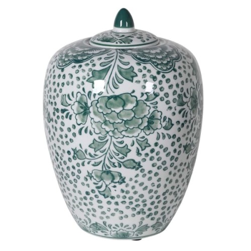 Ceramiczna waza amfora w stylu Jacobean, wysokość 29 cm, zdobiona zielonymi kwiatami na białym tle. Posiada zamknięcie z zielonym wierzchołkiem. Ujęcie frontalne, wyróżniająca się eleganckim designem.