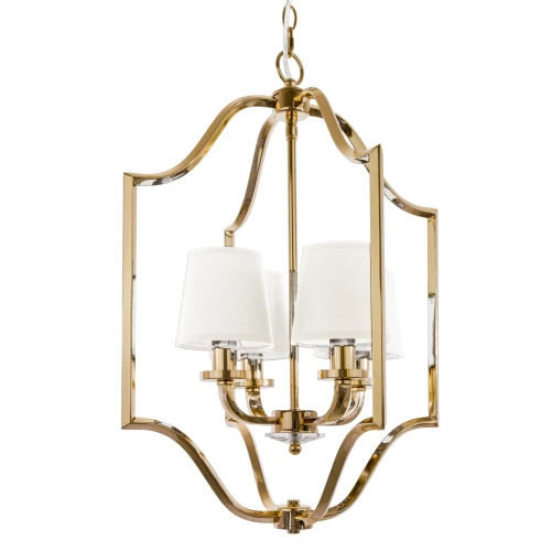 Lampa sufitowa wisząca Ventalio w kolorze złotym i białym. Wymiary 46x46x67 cm. Posiada cztery białe klosze w kształcie stożków, metalową ramę i dekoracyjne detale. Ujęcie frontalne, zawieszona na łańcuchu.