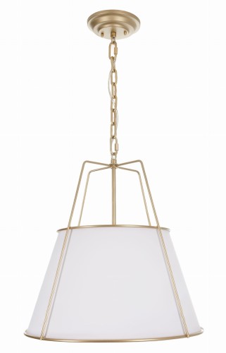 Lampa sufitowa Ambia w złotym kolorze, styl modern farmhouse. Owalny klosz z białego materiału zawieszony na złotej konstrukcji z łańcuchem. Wymiary 40x40x100 cm, wisi w pozycji pionowej, idealna do nowoczesnych wnętrz.