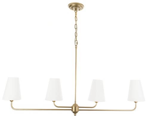 Elegancka lampa sufitowa w kolorze złotym o szerokości 100 cm, z trzema białymi kloszami w kształcie stożka. Lampa zawieszona na złotej łańcuchowej konstrukcji, z centralnym mocowaniem. Idealna do nowoczesnych wnętrz.